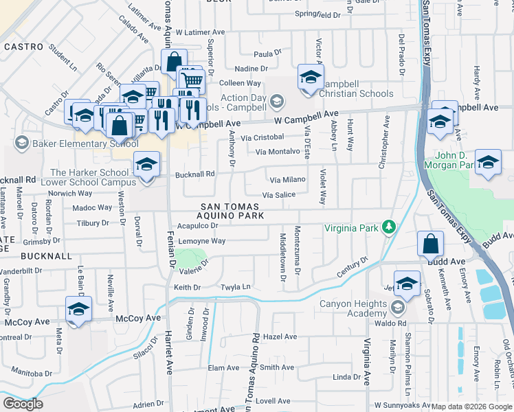 map of restaurants, bars, coffee shops, grocery stores, and more near 3956 Vía Salice in Campbell