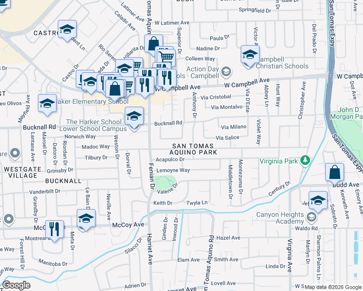 map of restaurants, bars, coffee shops, grocery stores, and more near 2175 La Miel Way in Campbell