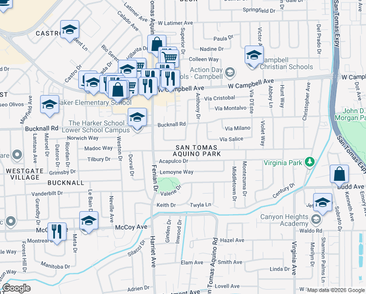 map of restaurants, bars, coffee shops, grocery stores, and more near 2175 La Miel Way in Campbell