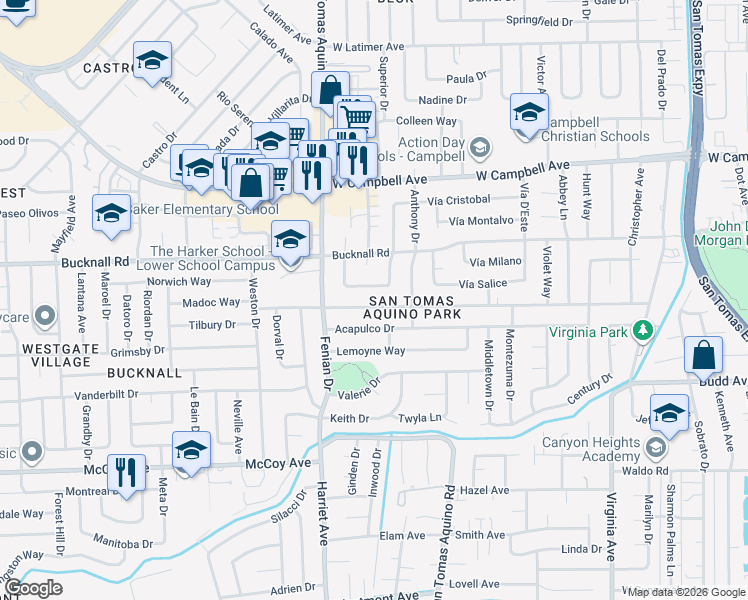 map of restaurants, bars, coffee shops, grocery stores, and more near 2175 La Miel Way in Campbell
