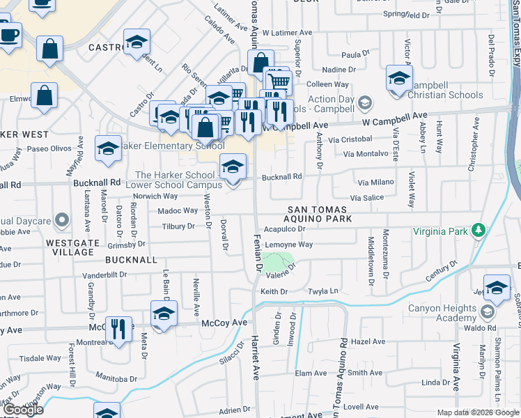 map of restaurants, bars, coffee shops, grocery stores, and more near 2170 South San Tomas Aquino Road in Campbell