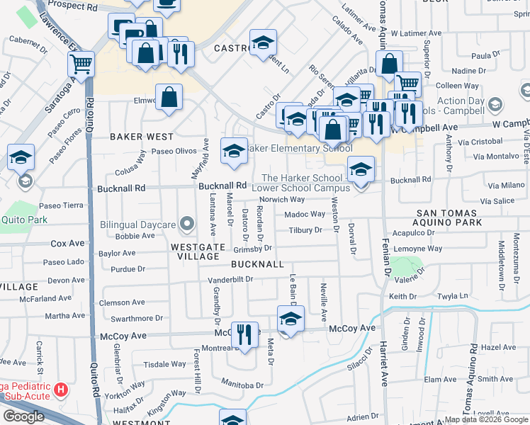 map of restaurants, bars, coffee shops, grocery stores, and more near 2151 Riordan Drive in San Jose