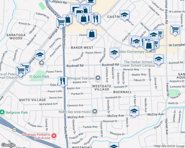 map of restaurants, bars, coffee shops, grocery stores, and more near 12762 Chaparral Avenue in Saratoga