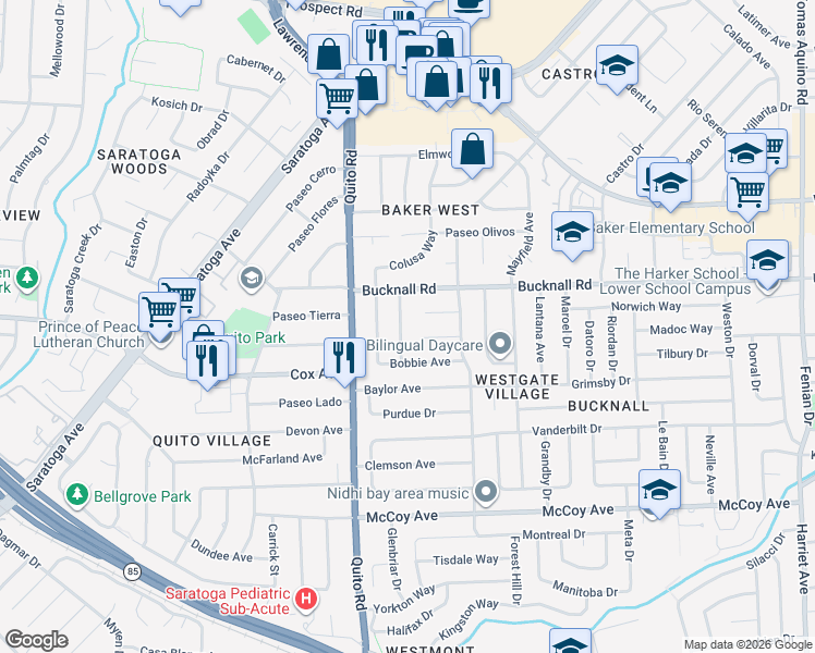 map of restaurants, bars, coffee shops, grocery stores, and more near 5178 Shalen Court in San Jose