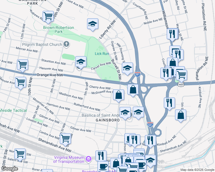 map of restaurants, bars, coffee shops, grocery stores, and more near 192-298 Orange Avenue Northwest in Roanoke