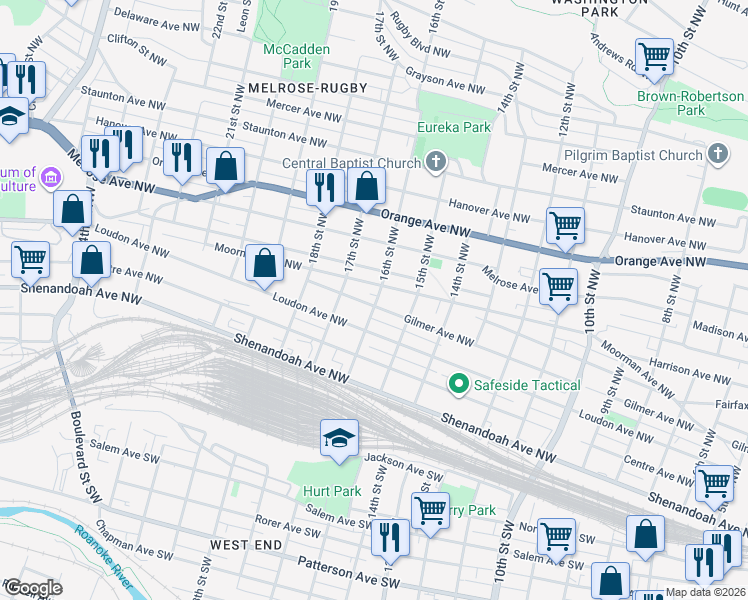 map of restaurants, bars, coffee shops, grocery stores, and more near 1526 Moorman Avenue Northwest in Roanoke