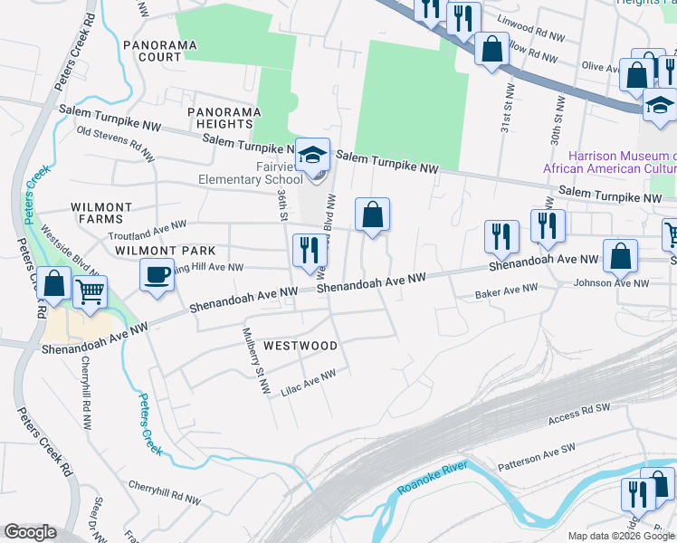 map of restaurants, bars, coffee shops, grocery stores, and more near 524 Crowmoor St NW in Roanoke