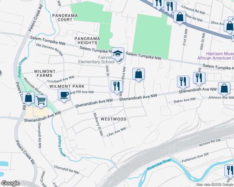 map of restaurants, bars, coffee shops, grocery stores, and more near 525 36th Street in Roanoke