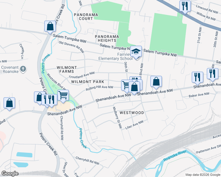 map of restaurants, bars, coffee shops, grocery stores, and more near 3651 Rolling Hill Avenue Northwest in Roanoke