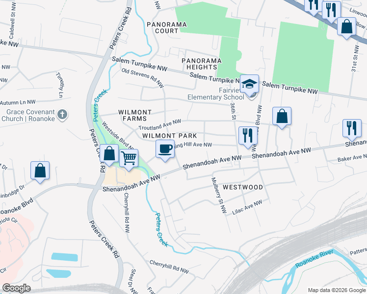 map of restaurants, bars, coffee shops, grocery stores, and more near 3761 Rolling Hill Avenue Northwest in Roanoke