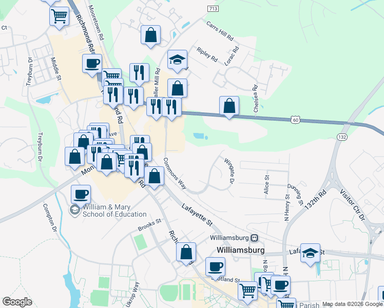 map of restaurants, bars, coffee shops, grocery stores, and more near 109 Stratford Drive in Williamsburg