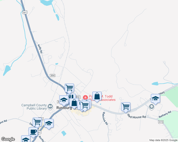 map of restaurants, bars, coffee shops, grocery stores, and more near 339 Mountain Lane in Rustburg