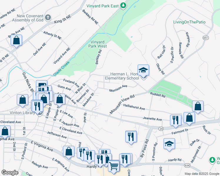 map of restaurants, bars, coffee shops, grocery stores, and more near 714 Morrison Avenue in Vinton