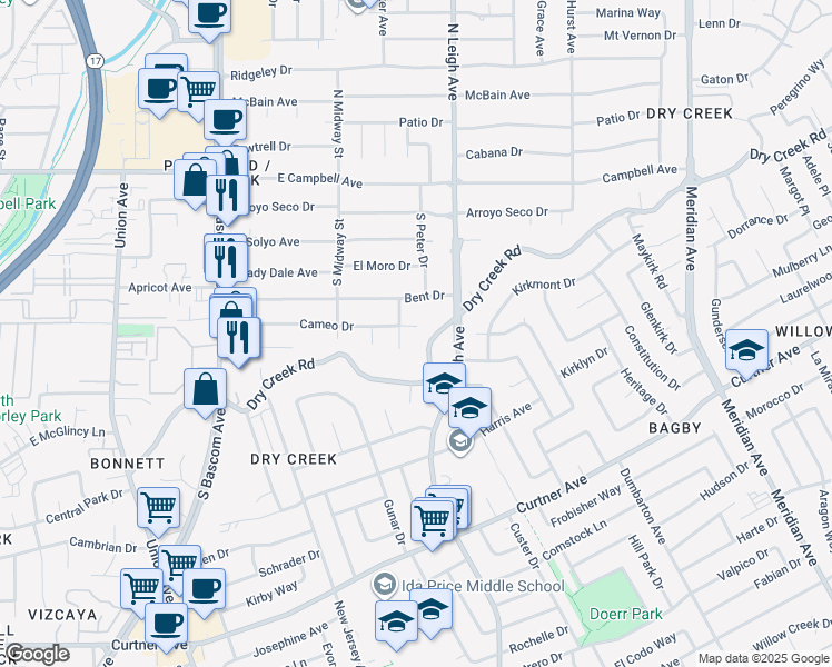 map of restaurants, bars, coffee shops, grocery stores, and more near 1416 Cameo Drive in Campbell