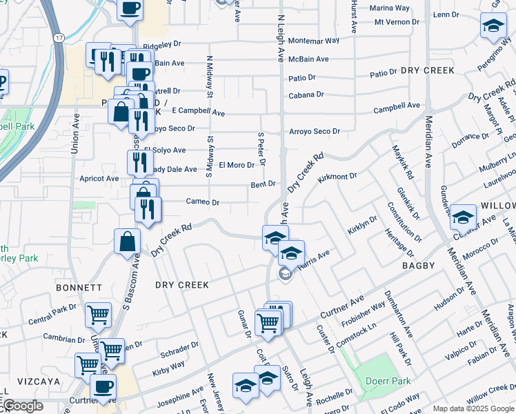 map of restaurants, bars, coffee shops, grocery stores, and more near 1416 Cameo Drive in Campbell