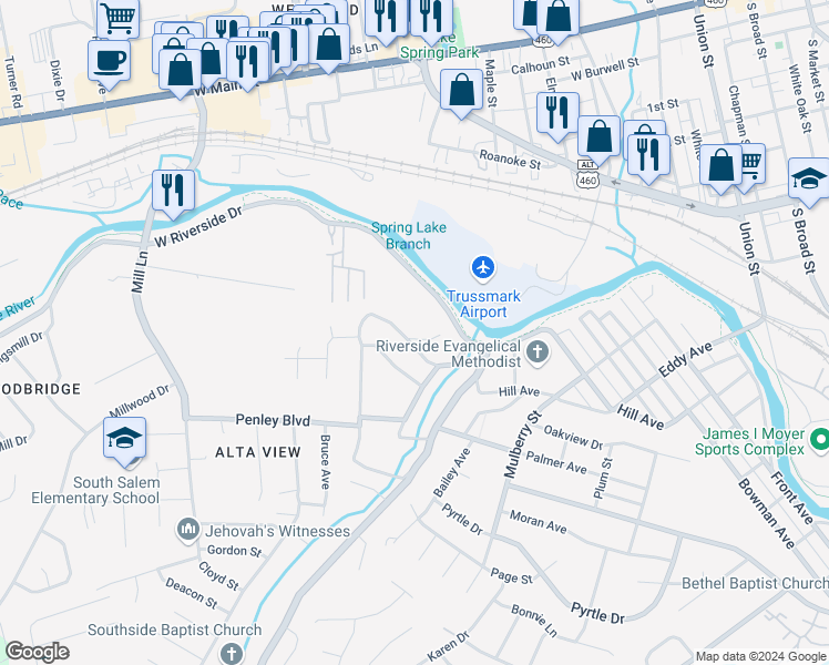 map of restaurants, bars, coffee shops, grocery stores, and more near 1201 Foxhill Drive in Salem