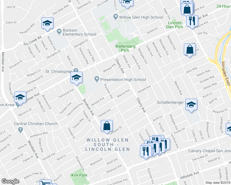 map of restaurants, bars, coffee shops, grocery stores, and more near 1510 Darlene Avenue in San Jose