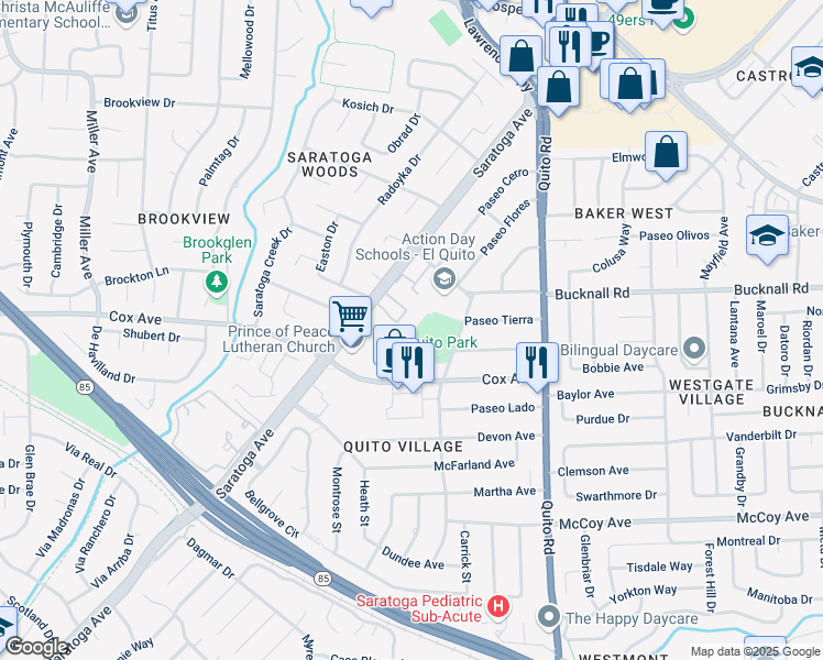 map of restaurants, bars, coffee shops, grocery stores, and more near 18935 Sara Park Circle in Saratoga