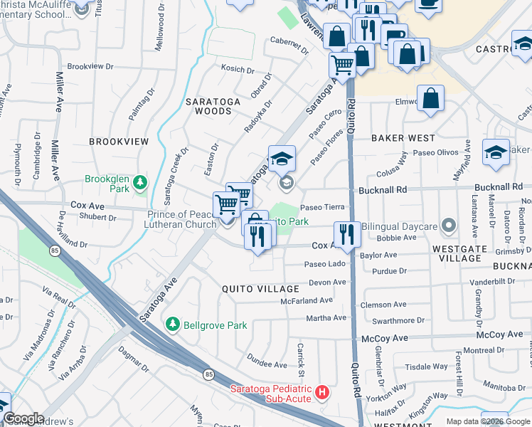 map of restaurants, bars, coffee shops, grocery stores, and more near 18935 Sara Park Circle in Saratoga