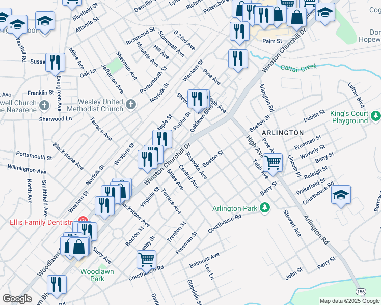 map of restaurants, bars, coffee shops, grocery stores, and more near 1005 Roanoke Avenue in Hopewell