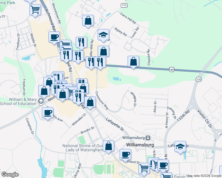 map of restaurants, bars, coffee shops, grocery stores, and more near 237 Commons Way in Williamsburg