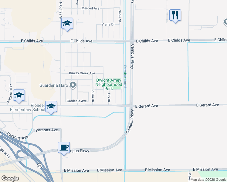 map of restaurants, bars, coffee shops, grocery stores, and more near 405 Hydrangea Court in Merced