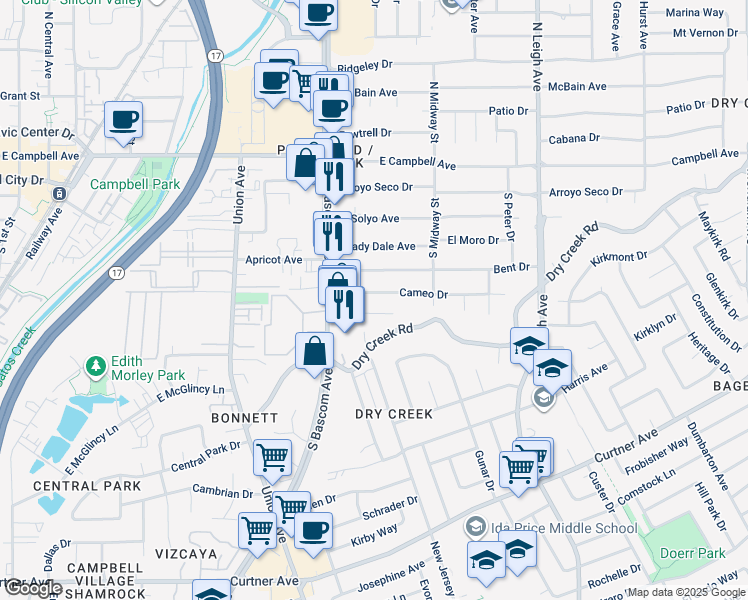 map of restaurants, bars, coffee shops, grocery stores, and more near 1110 Cameo Drive in Campbell