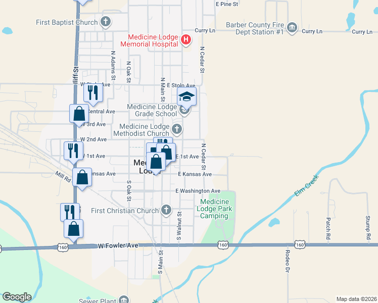 map of restaurants, bars, coffee shops, grocery stores, and more near 201-279 E 2nd Ave in Medicine Lodge