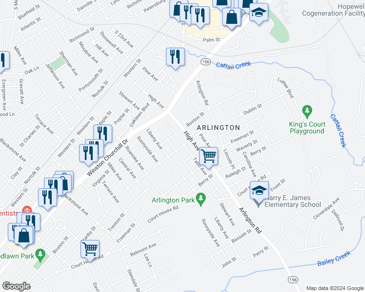 map of restaurants, bars, coffee shops, grocery stores, and more near 1300 Tabb Avenue in Hopewell