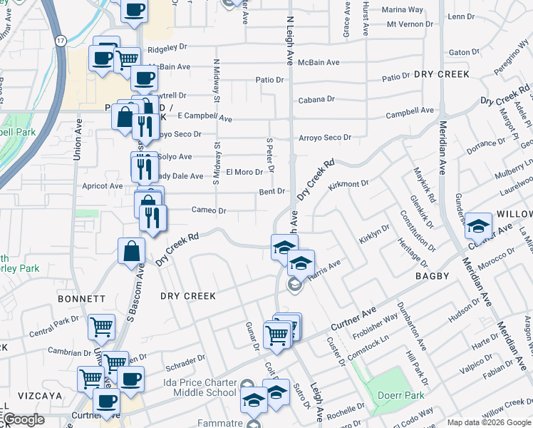 map of restaurants, bars, coffee shops, grocery stores, and more near 1416 Cameo Drive in Campbell
