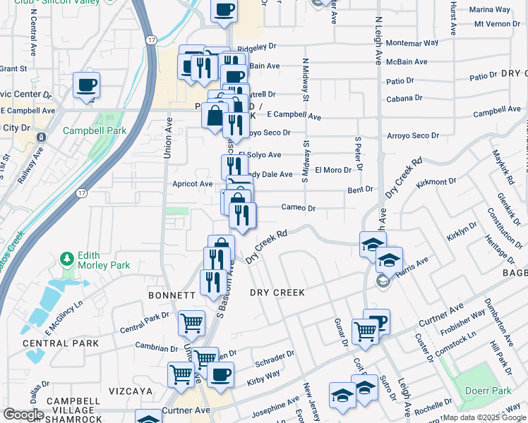 map of restaurants, bars, coffee shops, grocery stores, and more near 1110 Cameo Drive in Campbell
