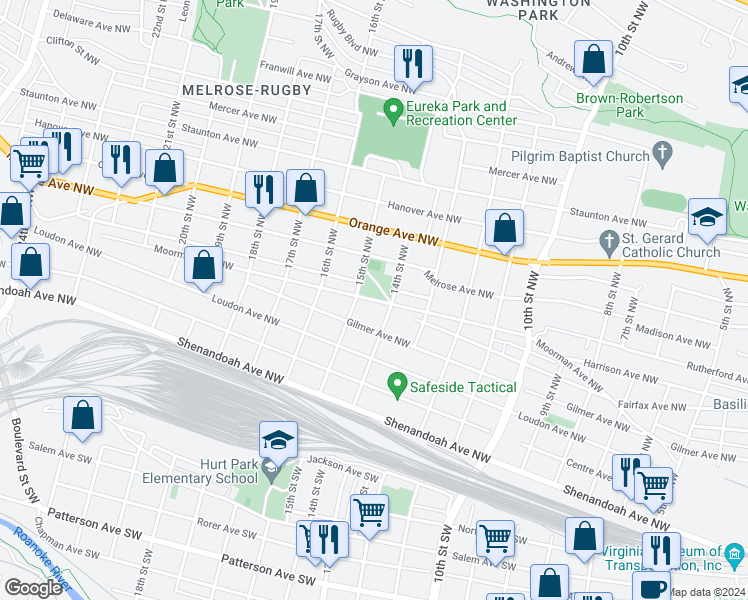 map of restaurants, bars, coffee shops, grocery stores, and more near 1401 Moorman Avenue Northwest in Roanoke