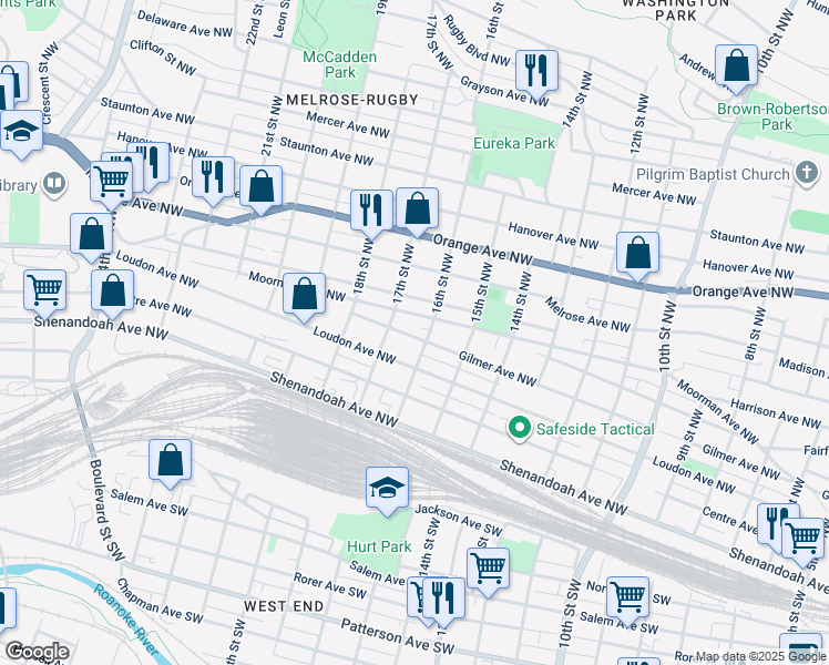 map of restaurants, bars, coffee shops, grocery stores, and more near 1611 Gilmer Avenue Northwest in Roanoke