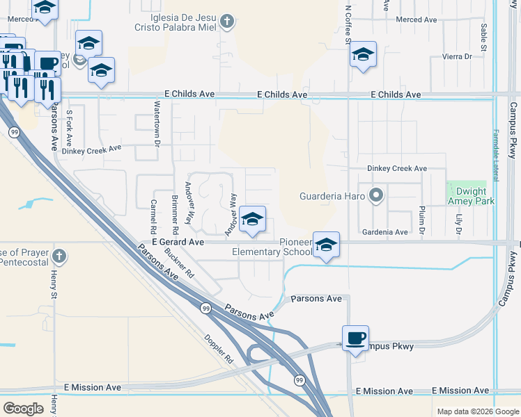 map of restaurants, bars, coffee shops, grocery stores, and more near 2656 Mira Court in Merced