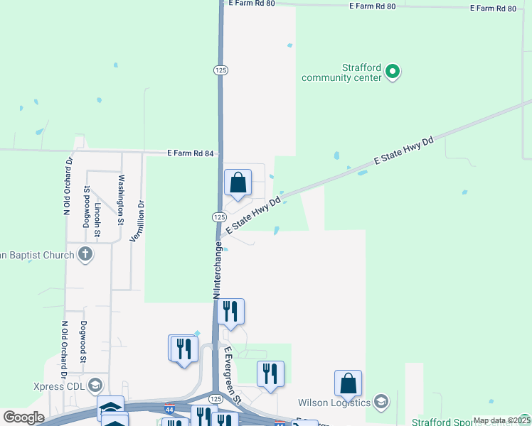 map of restaurants, bars, coffee shops, grocery stores, and more near 384 East State Highway Dd in Strafford