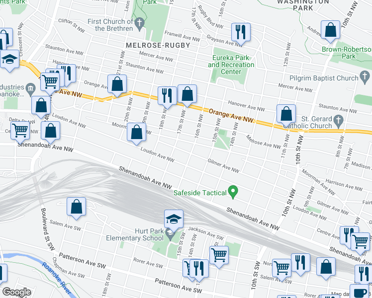 map of restaurants, bars, coffee shops, grocery stores, and more near 1611 Gilmer Avenue Northwest in Roanoke