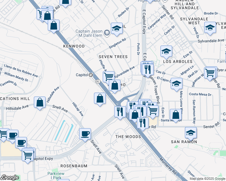 map of restaurants, bars, coffee shops, grocery stores, and more near 4100 Monterey Road in San Jose