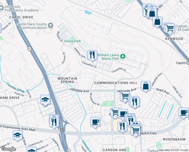 map of restaurants, bars, coffee shops, grocery stores, and more near 356 Mullinix Way in San Jose