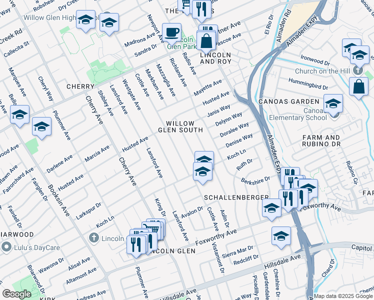 map of restaurants, bars, coffee shops, grocery stores, and more near 2532 Marsha Way in San Jose