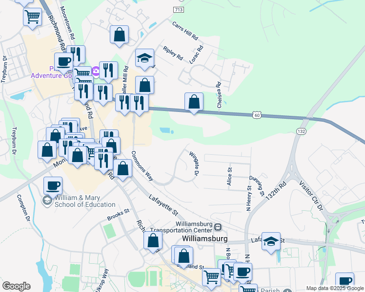map of restaurants, bars, coffee shops, grocery stores, and more near 701 Commons Way in Williamsburg
