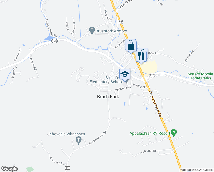 map of restaurants, bars, coffee shops, grocery stores, and more near 202 Leisure Way in Bluefield
