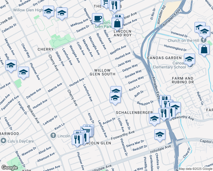 map of restaurants, bars, coffee shops, grocery stores, and more near 2532 Marsha Way in San Jose