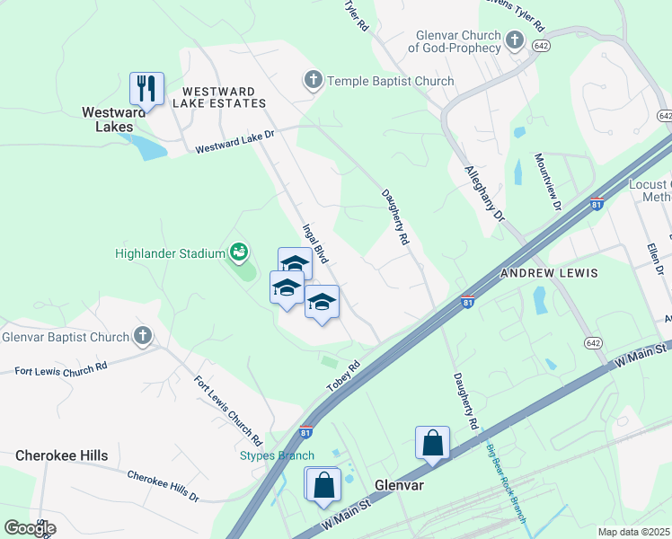 map of restaurants, bars, coffee shops, grocery stores, and more near 381 Ingal Boulevard in Salem