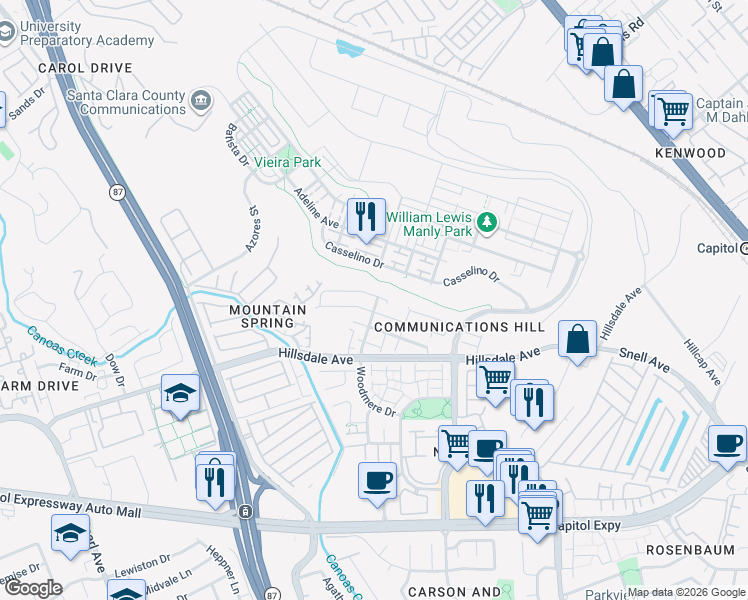 map of restaurants, bars, coffee shops, grocery stores, and more near 356 Mullinix Way in San Jose