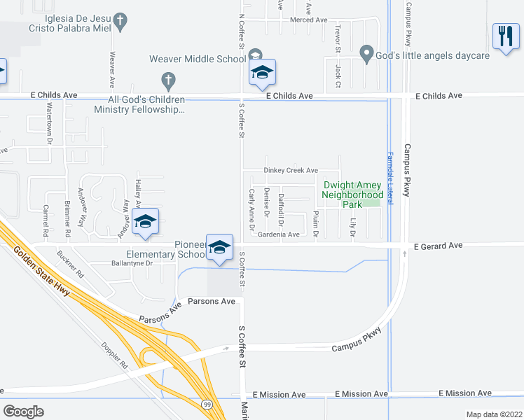 map of restaurants, bars, coffee shops, grocery stores, and more near 405 Denise Drive in Merced