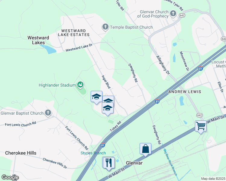 map of restaurants, bars, coffee shops, grocery stores, and more near 381 Ingal Boulevard in Salem