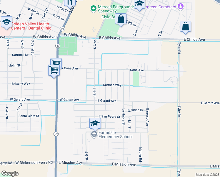 map of restaurants, bars, coffee shops, grocery stores, and more near 409 Connie Court in Merced