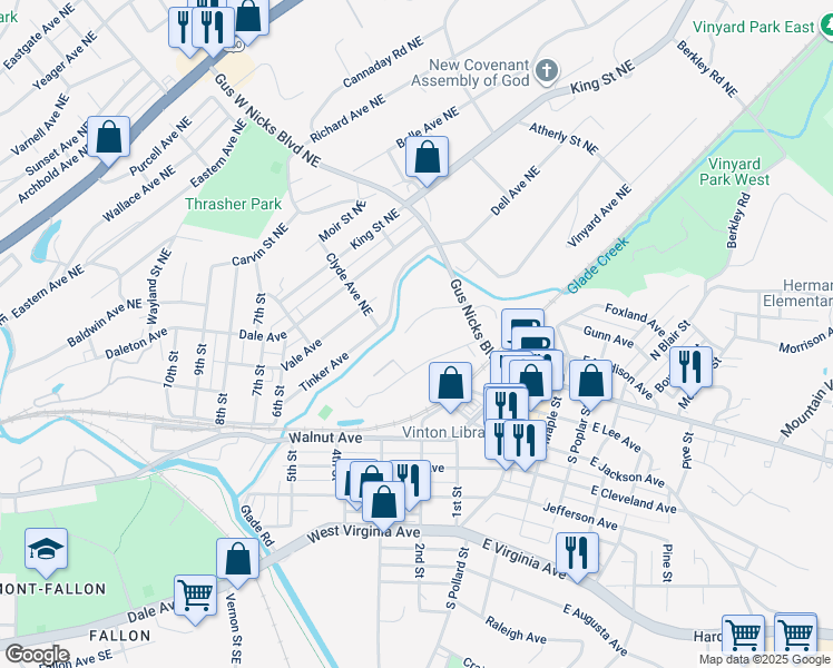 map of restaurants, bars, coffee shops, grocery stores, and more near 301 Gus Nicks Boulevard in Vinton
