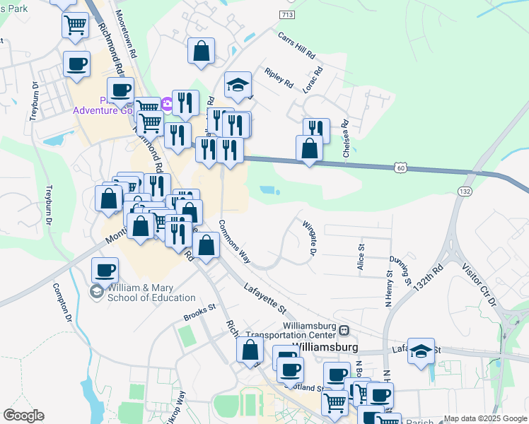 map of restaurants, bars, coffee shops, grocery stores, and more near 111 Stratford Drive in Williamsburg