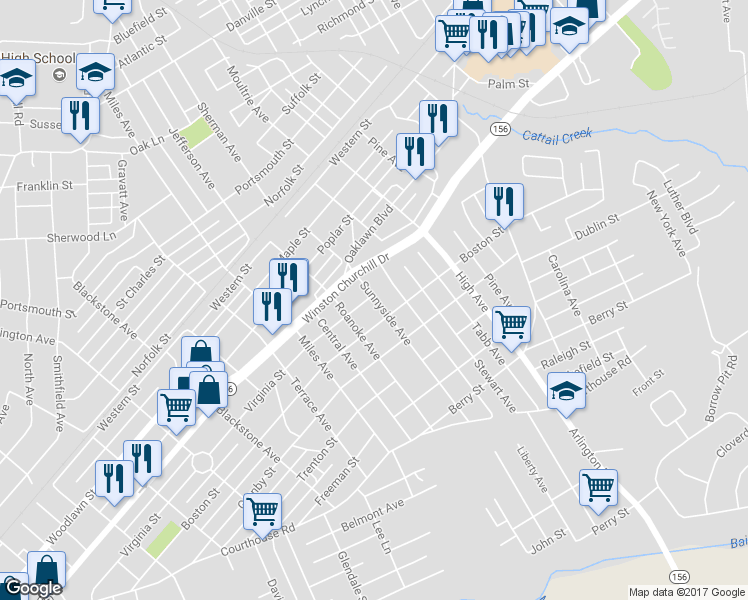 map of restaurants, bars, coffee shops, grocery stores, and more near 2806 Virginia Street in Hopewell